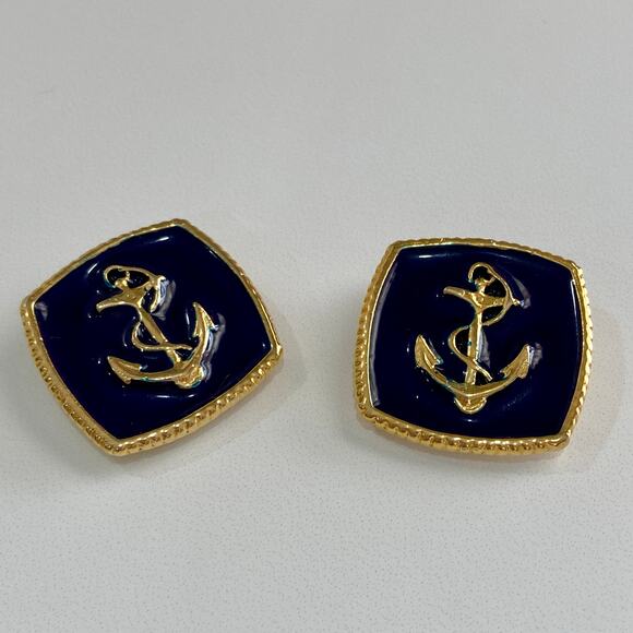 Vintage Nautical Sailor Anchor Gold Tone Navy Blue Enamel Square Shoe Clips - Picture 3 of 5